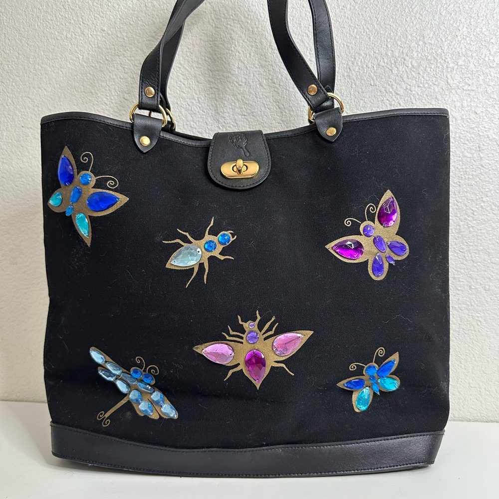 Black Lulu Guinness London Tote Bag with Colorful Jewel Embellishments